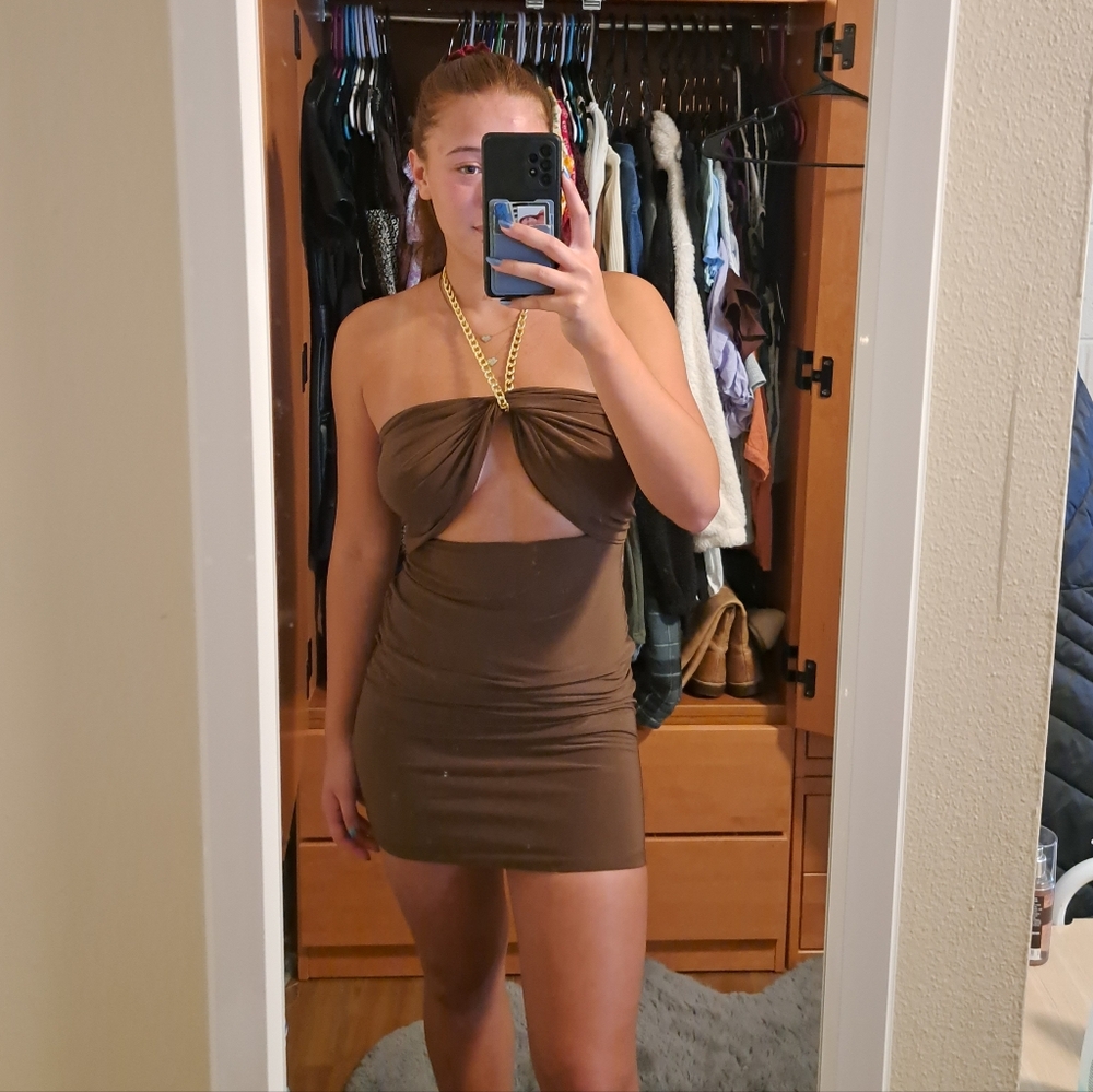 Papaya Brown Halter Mini Dress